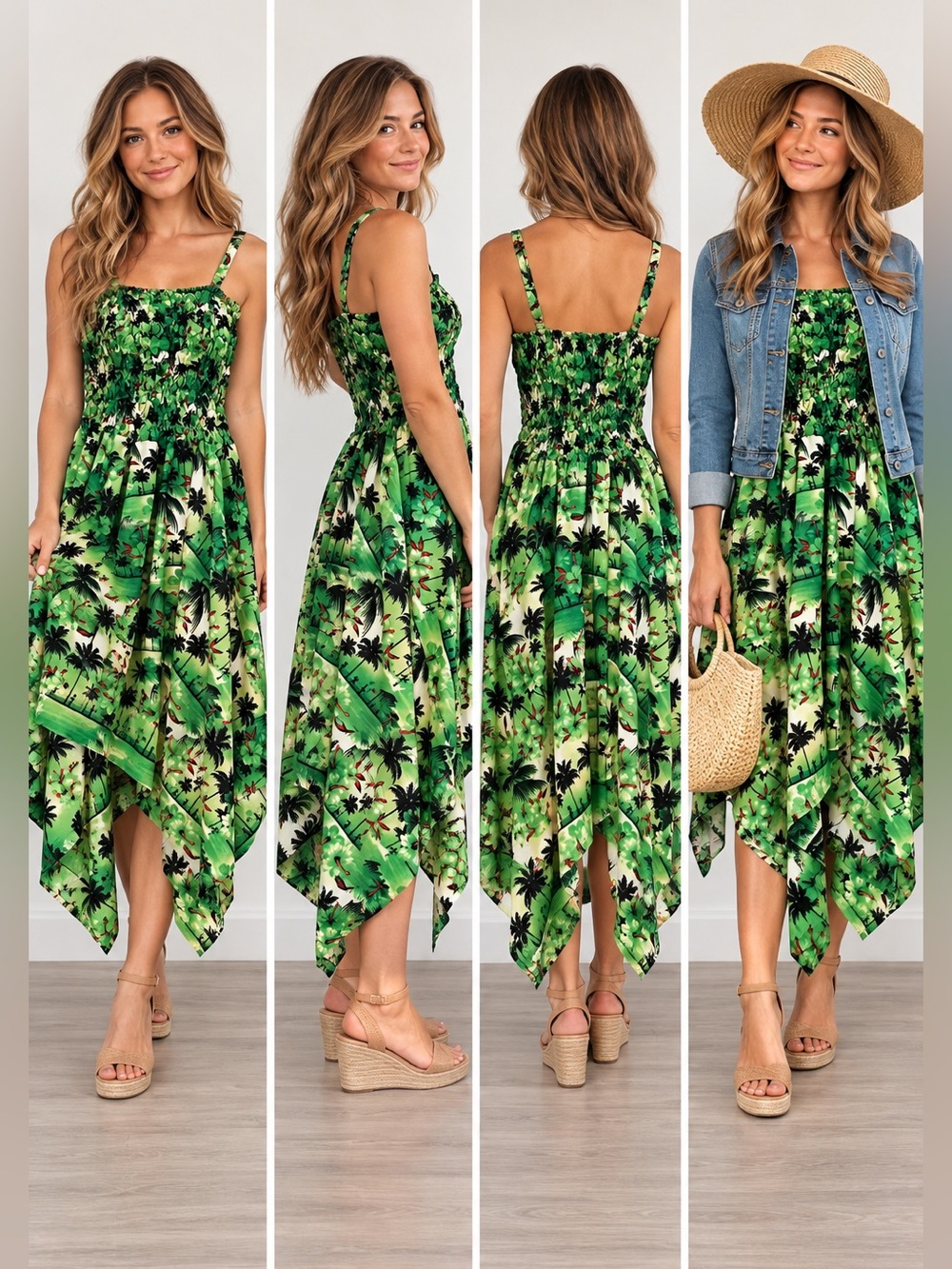 Rima Tropical Palm Tree Smocked Handkerchief Sundress Green Boho Resort Festival